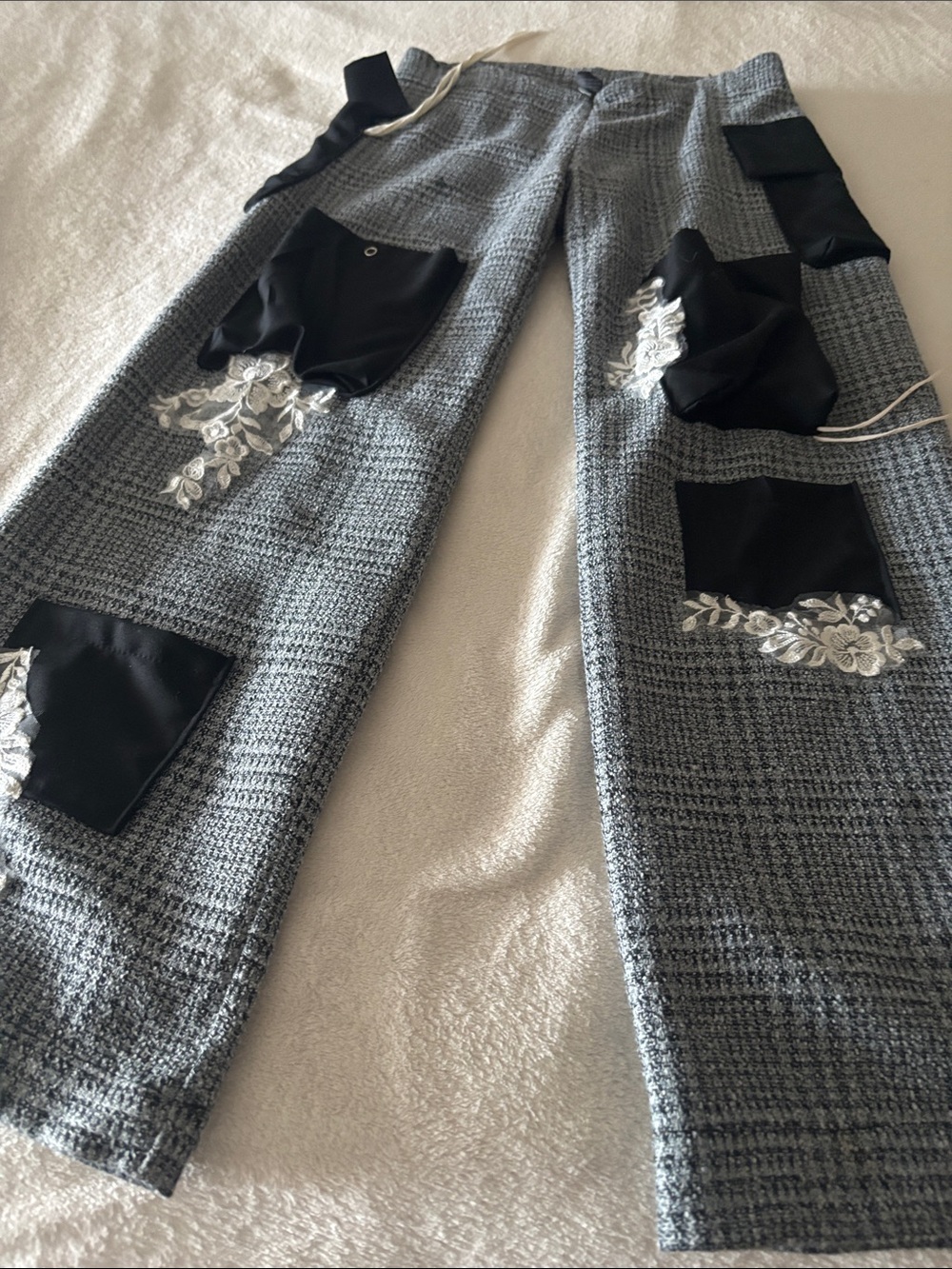 Women's Wide Leg Patchwork Tweed Pants with Embroidery - Gray